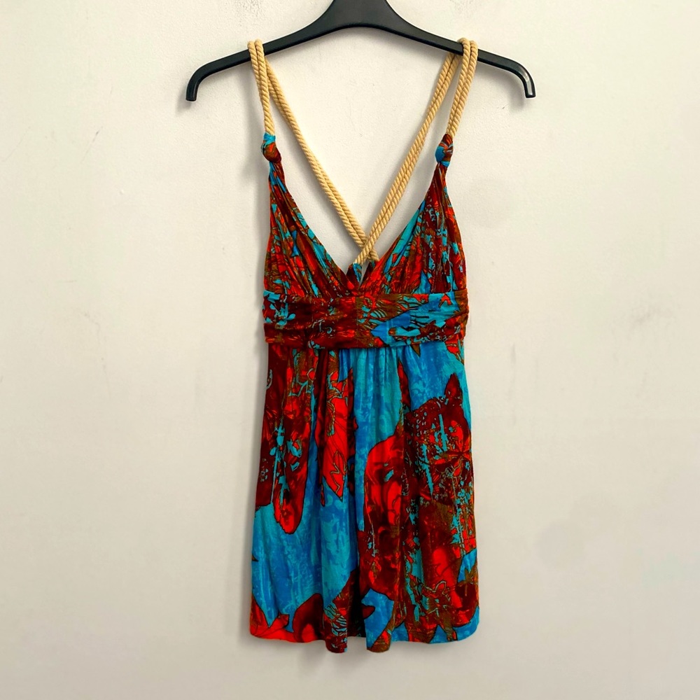 FOREVER 21 tropical blue/orange top w/ rope halter straps